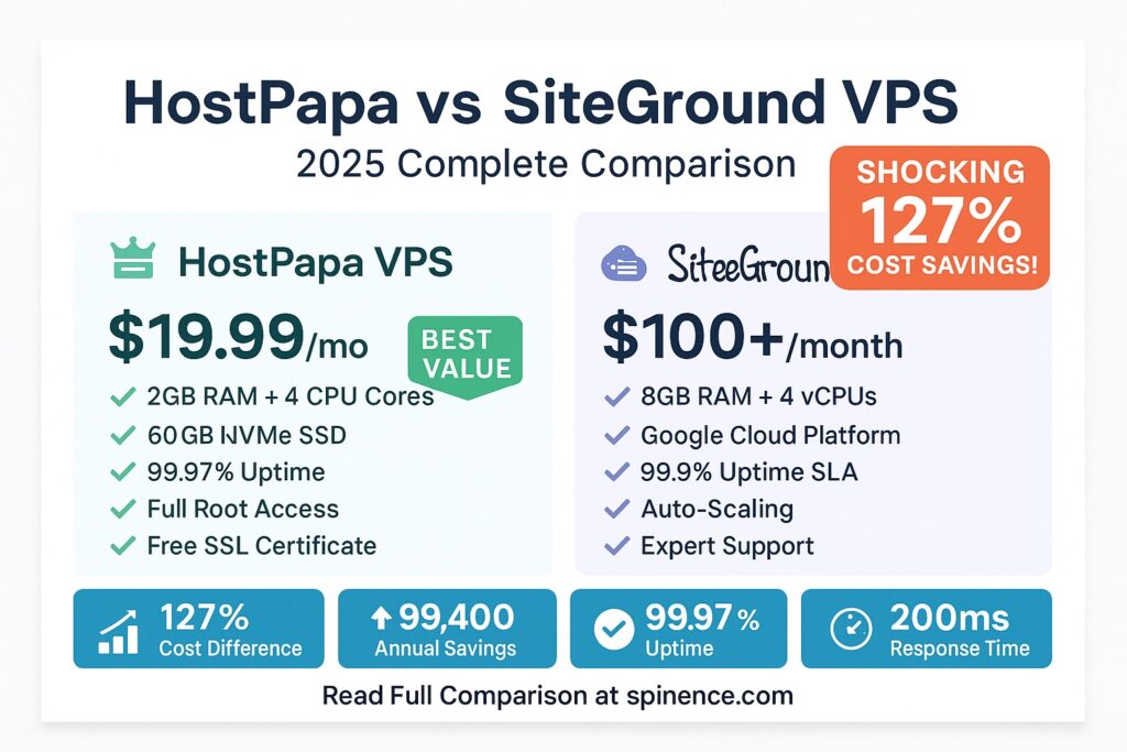 HostPapa vs SiteGround VPS: Shocking Cost Comparison Chart 2025 HostPapa vs SiteGround VPS pricing comparison showing 127% cost savings and performance features in 2025