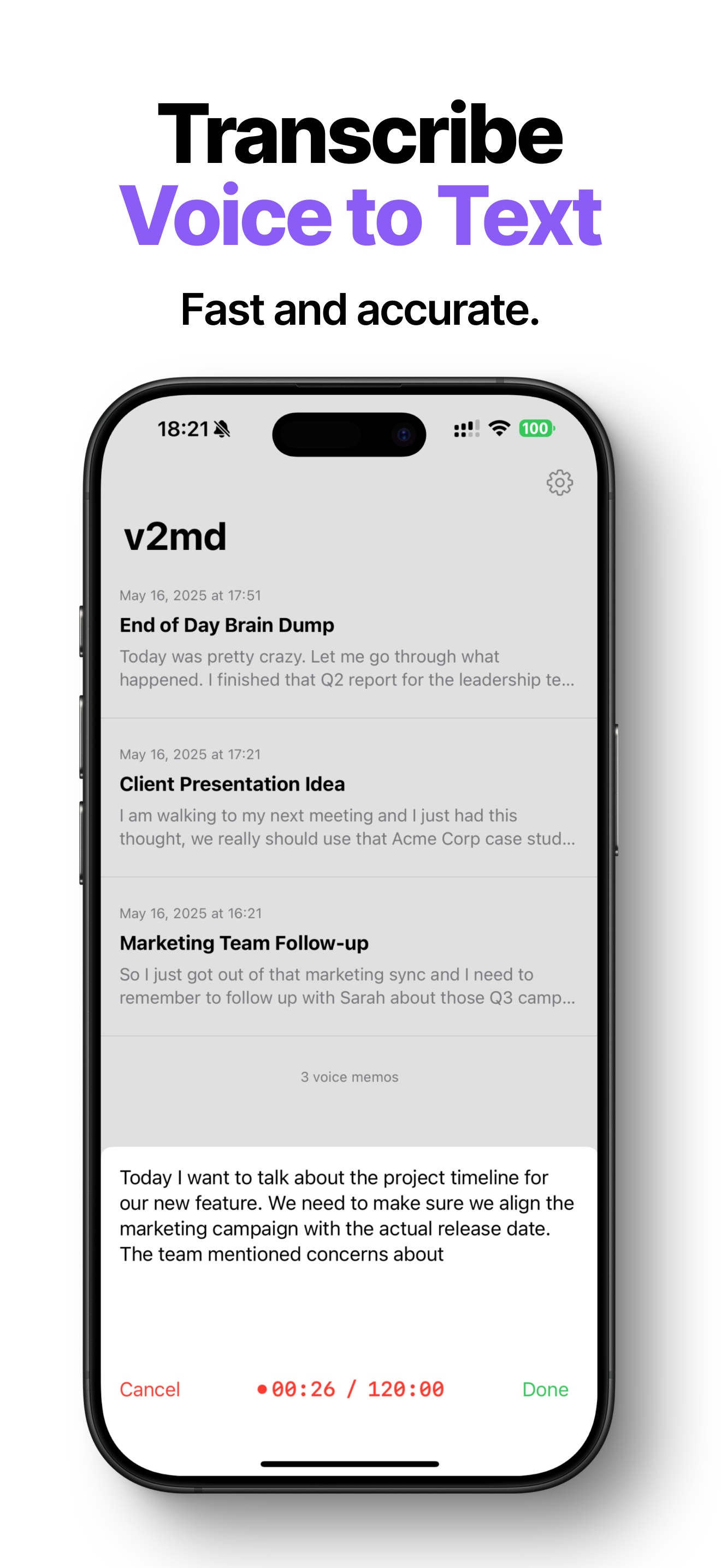 v2md app main interface showing recording screen