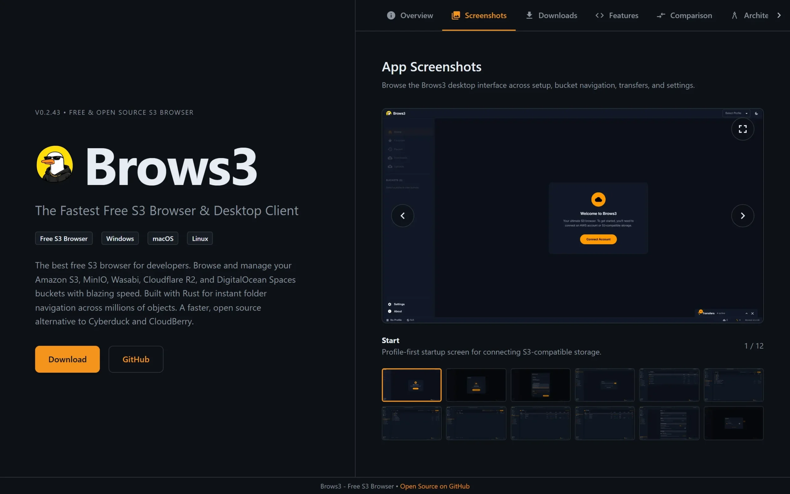 Brows3 Review: The Free S3 Browser Reddit Found First 2 Brows3 app screenshots section showing the dark desktop interface with profile-first start screen and bucket navigation