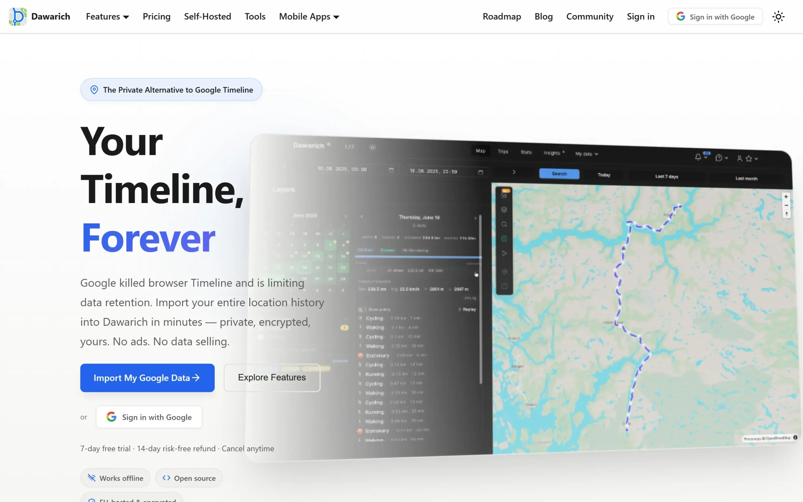Dawarich Review: The Self-Hosted Google Timeline Replacement 2 Dawarich homepage showing the interactive timeline map interface with a colour-coded GPS route, daily statistics and activity breakdown