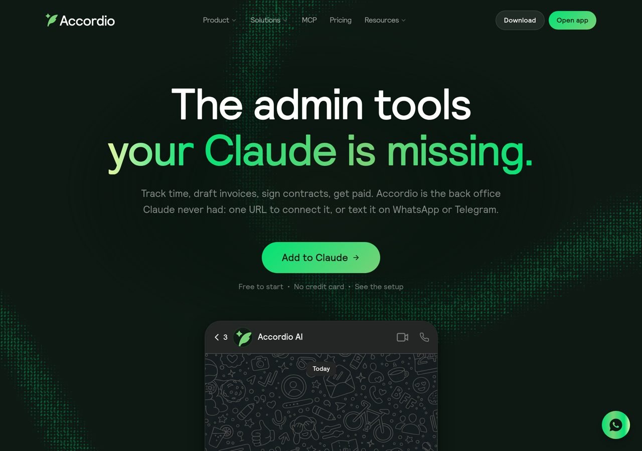 Accordio AI Review (2026): The Freelance Back Office Built for Claude 2 Accordio home page with the tagline 'The admin tools your Claude is missing'