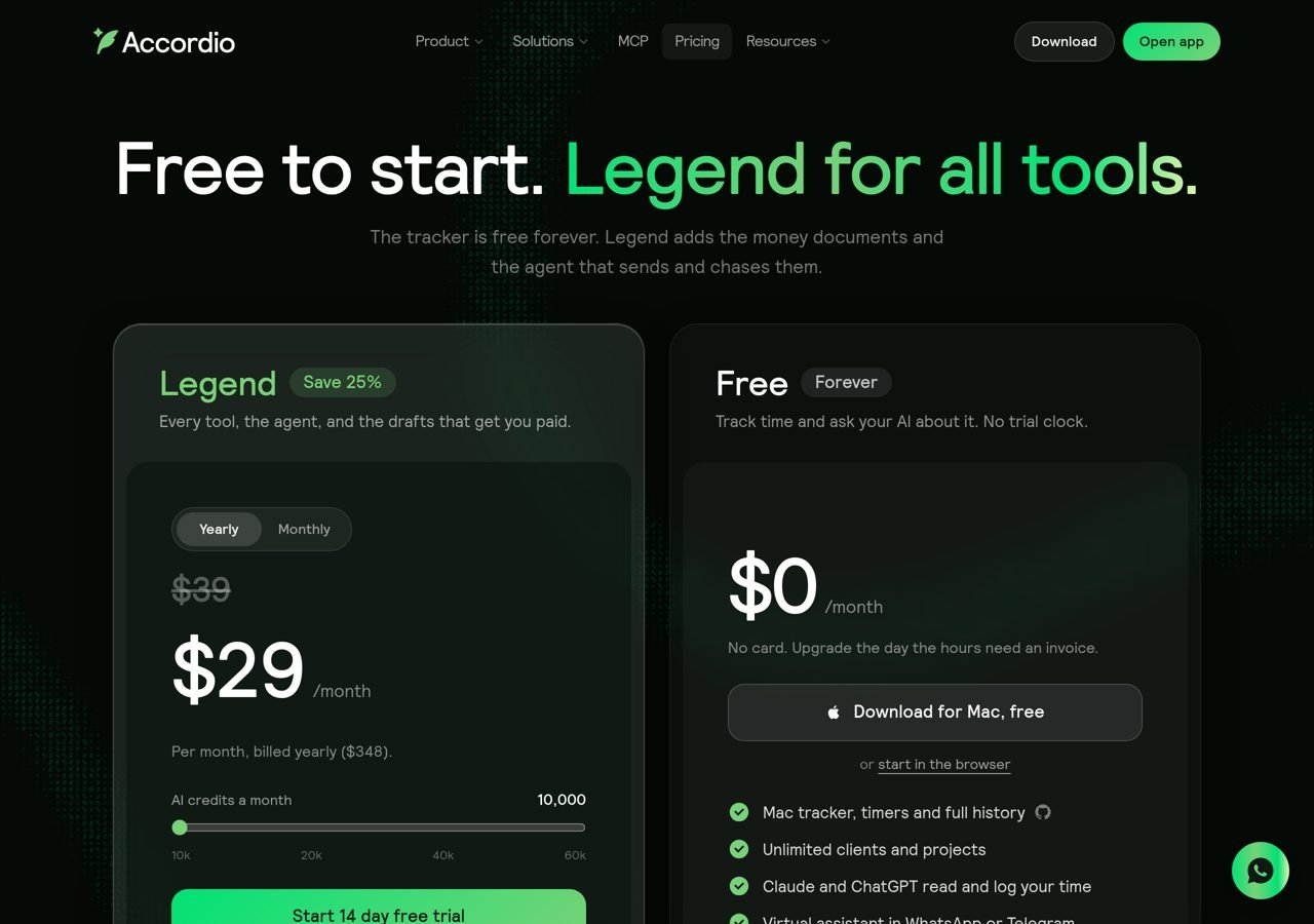 Accordio AI Review (2026): The Freelance Back Office Built for Claude 3 Accordio pricing page: free plan next to the Legend plan at 29 dollars a month with 10,000 AI credits