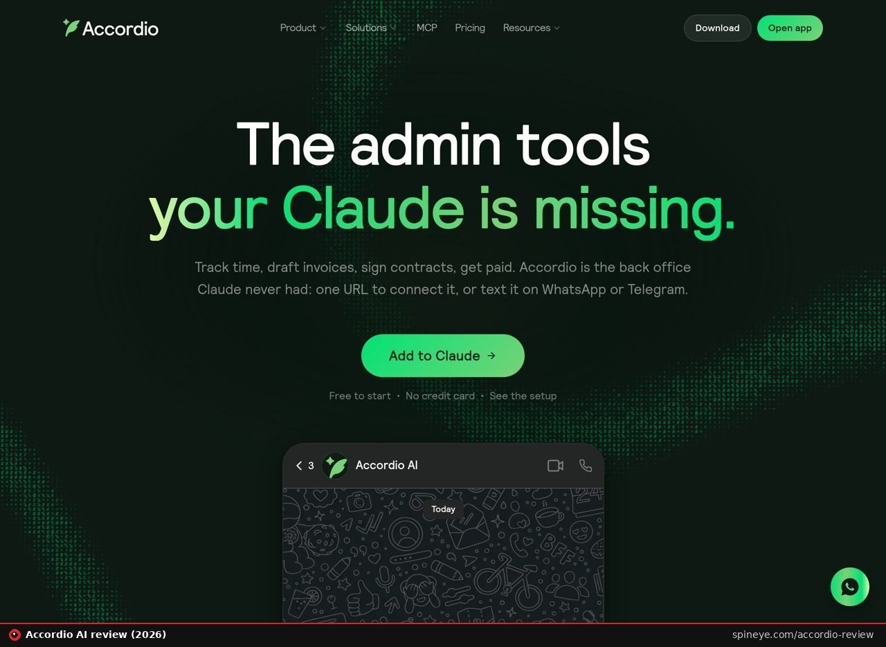 Accordio AI Review (2026): The Freelance Back Office Built for Claude 2 Accordio review: Accordio home page with the tagline 'The admin tools your Claude is missing'
