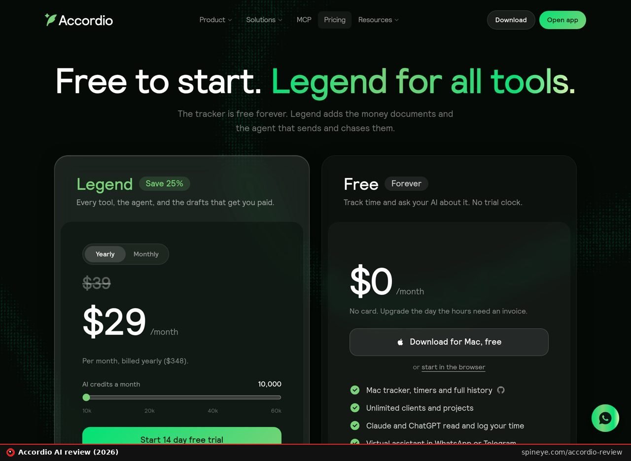 Accordio AI Review (2026): The Freelance Back Office Built for Claude 3 Accordio pricing page: free plan next to the Legend plan at 29 dollars a month with 10,000 AI credits