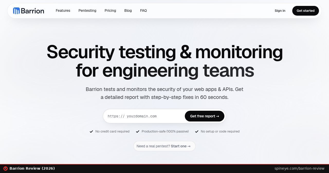 Barrion review: the barrion.io homepage offering a free passive security report