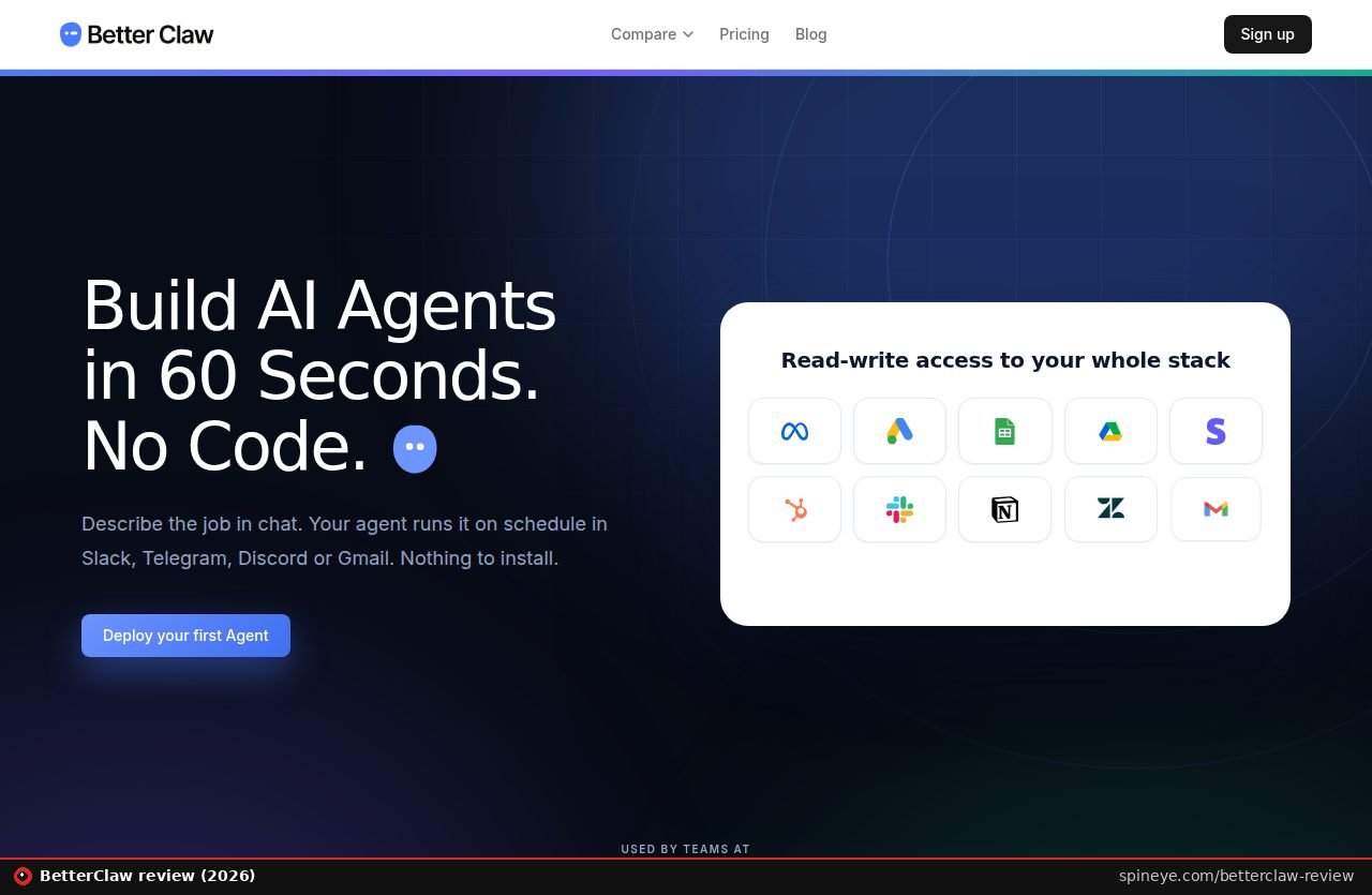 BetterClaw review: the betterclaw.io homepage promising no-code AI agents in 60 seconds