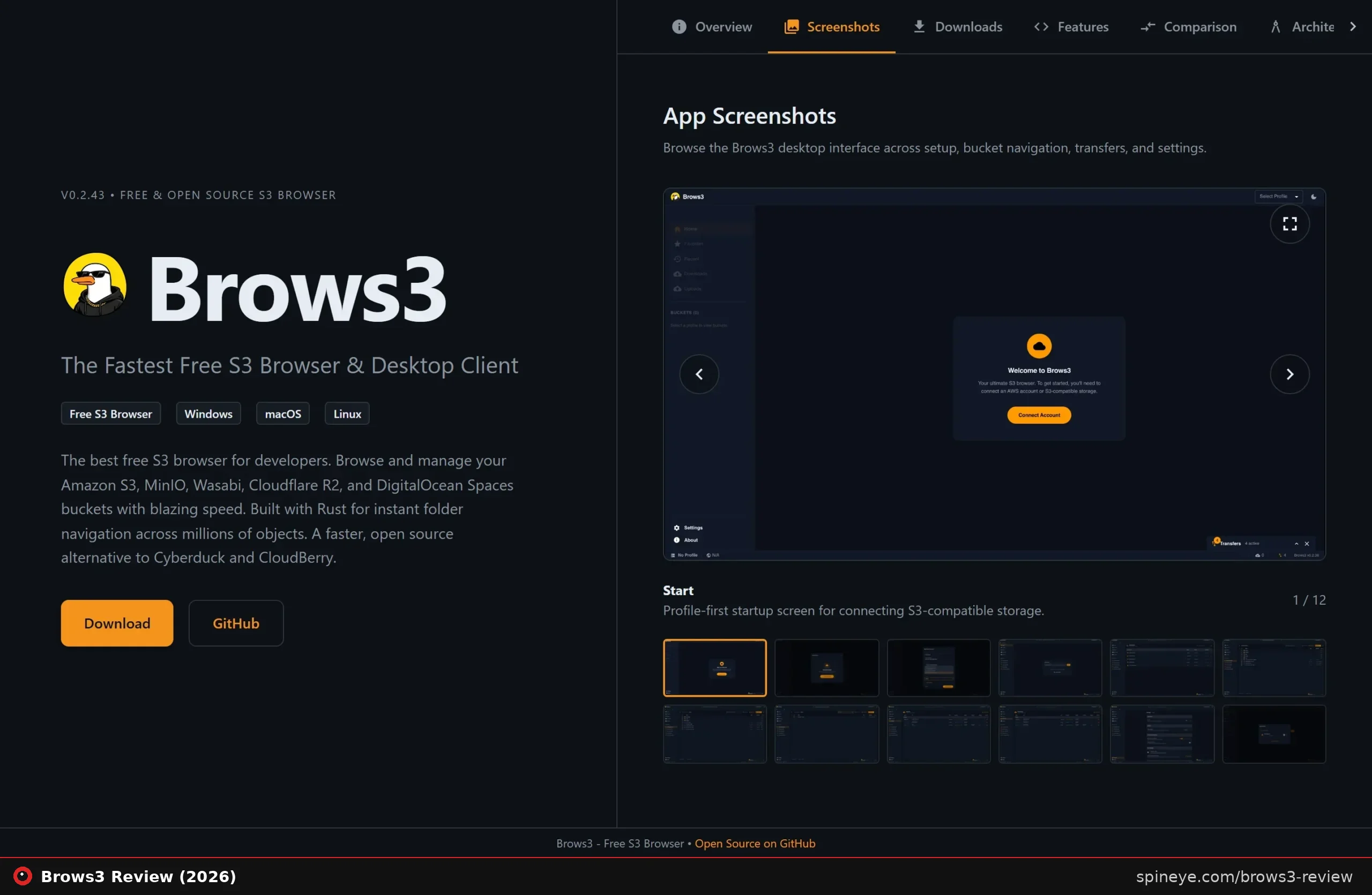 Brows3 app screenshots section showing the dark desktop interface with profile-first start screen and bucket navigation