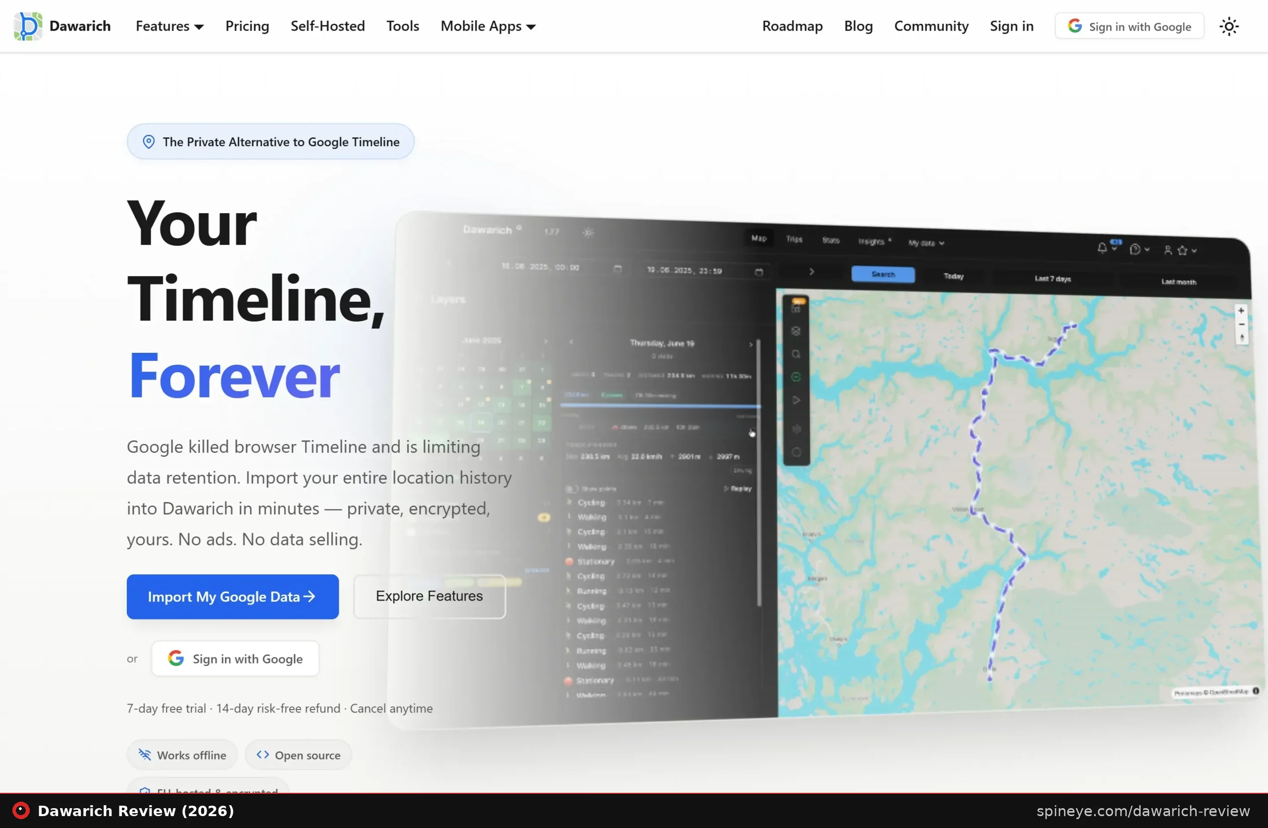 Dawarich homepage showing the interactive timeline map interface with a colour-coded GPS route, daily statistics and activity breakdown
