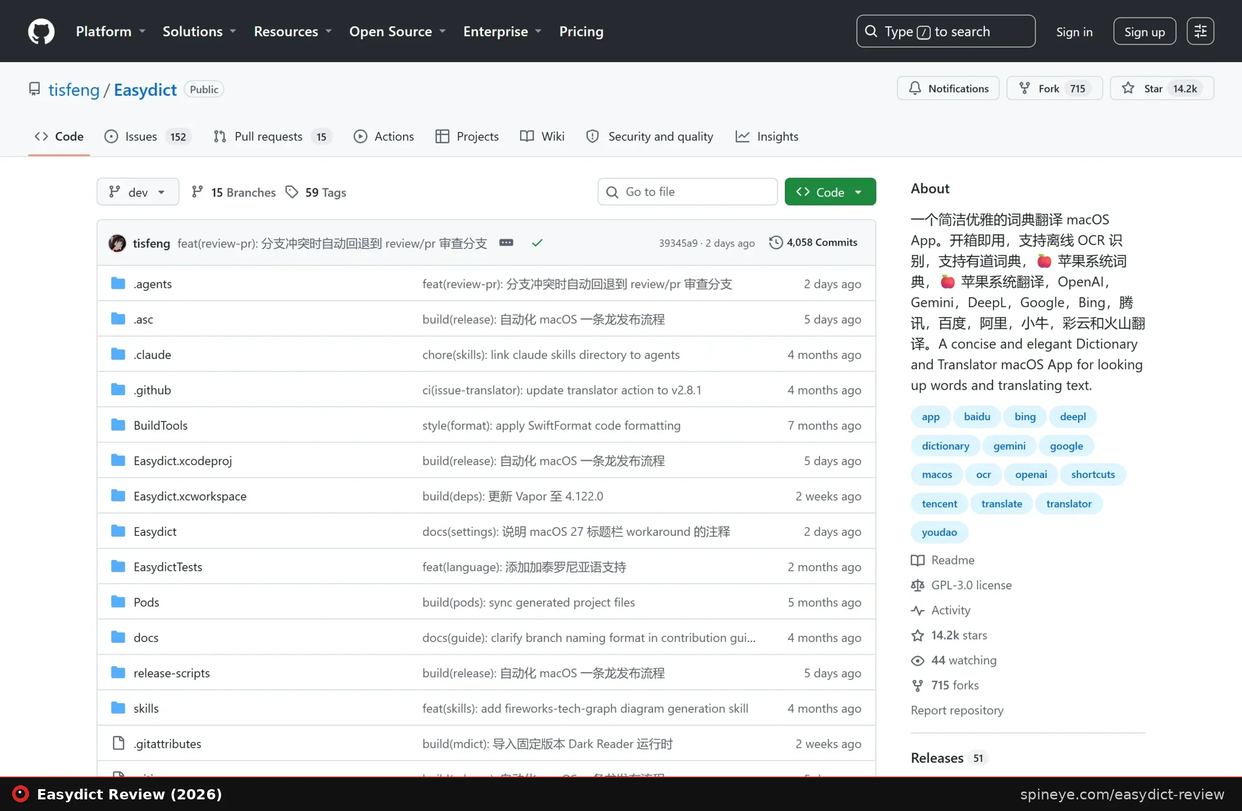 The Easydict GitHub repository page showing the project description, star count and documentation for the macOS dictionary and translator app