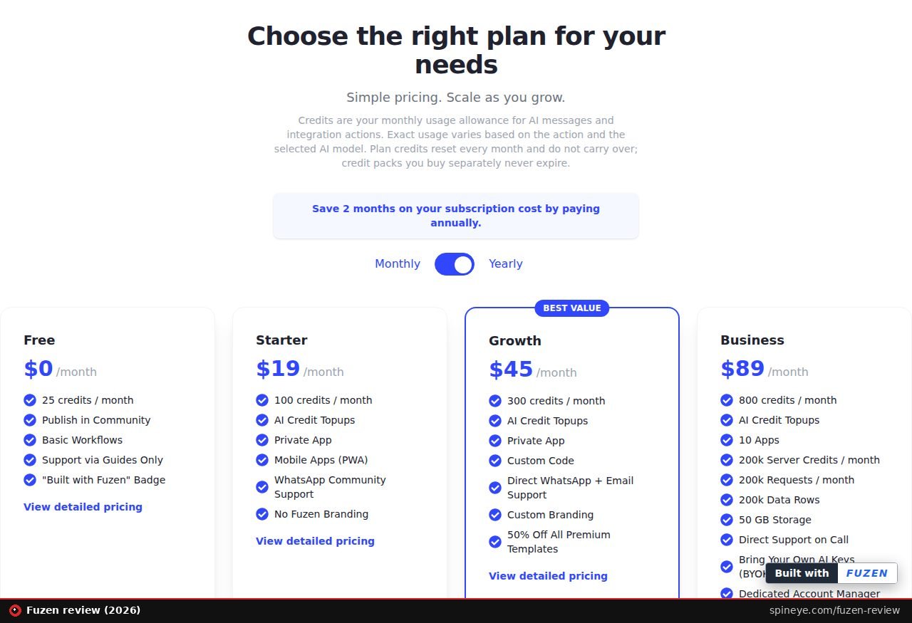 Fuzen review: direct pricing cards on fuzen.io with the yearly toggle on, Free $0, Starter $19, Growth $45 and Business $89 per month