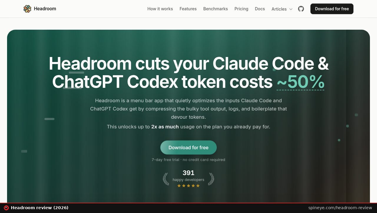 Headroom review: the extraheadroom.com homepage claiming about 50% lower Claude Code and Codex token costs