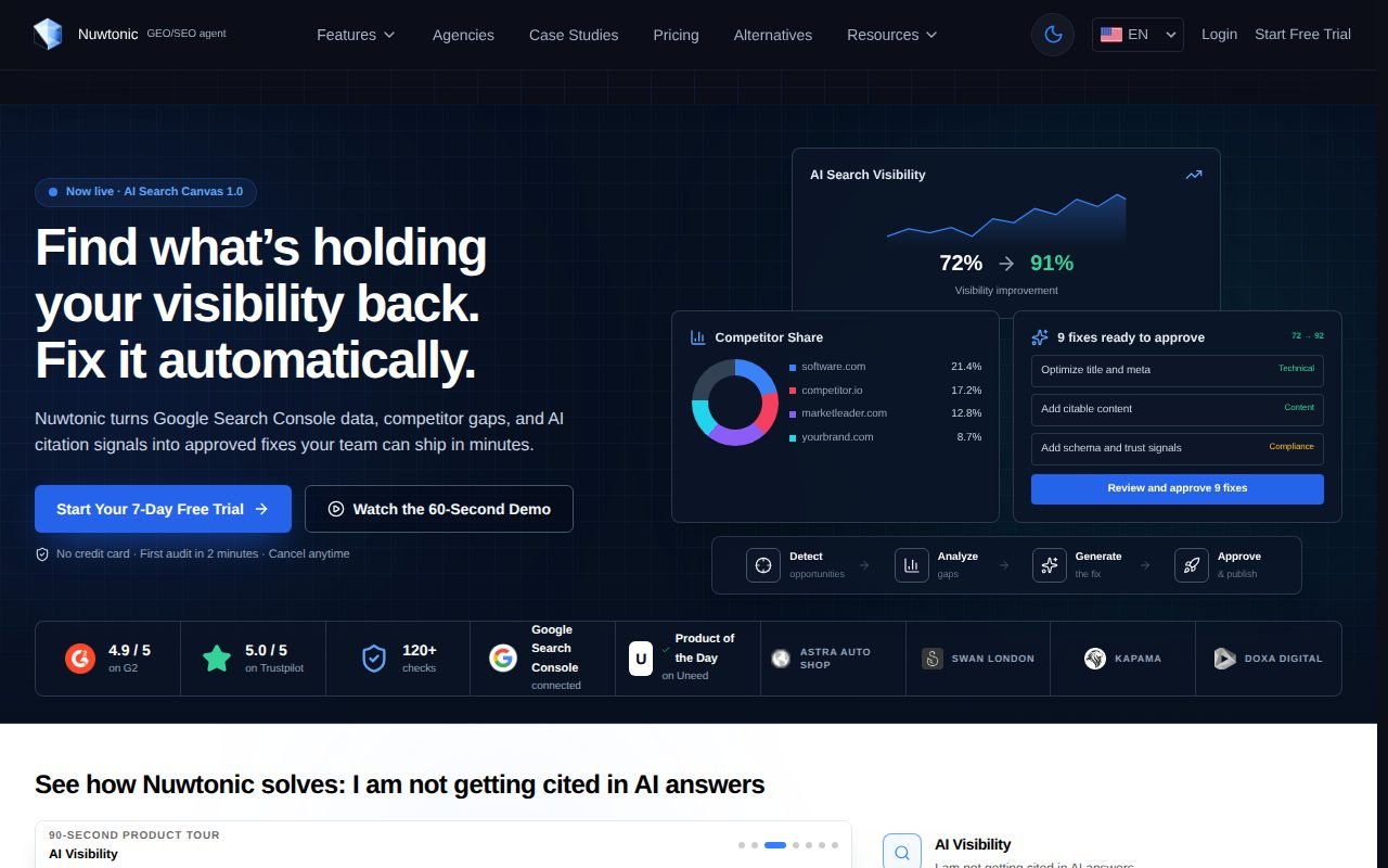 Nuwtonic homepage: agentic SEO and AI search optimization platform