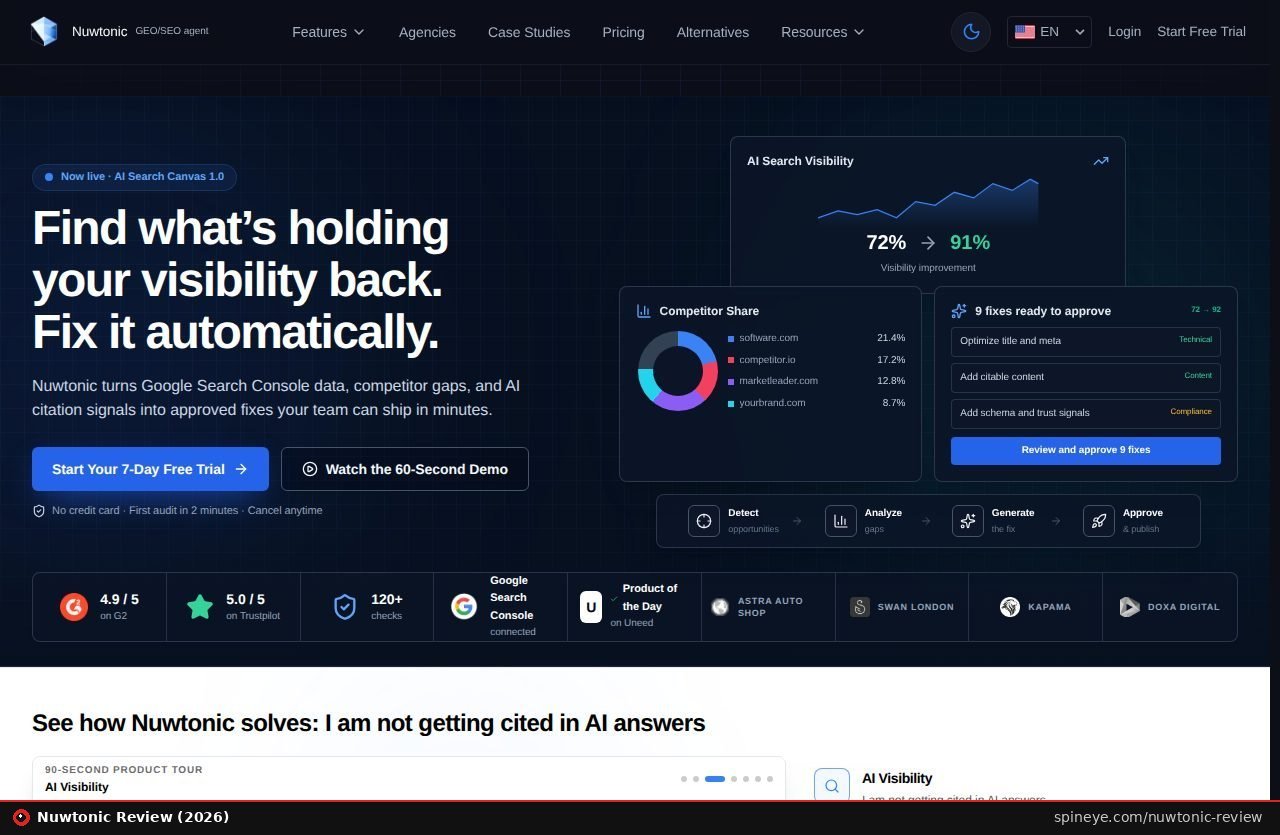 Nuwtonic Review (2026): Agentic SEO vs Otterly & Surfer 2 Nuwtonic homepage: agentic SEO and AI search optimization platform