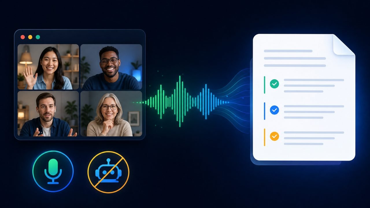 Prismical Review (2026): The Open-Source, No-Bot AI Note-Taker 2 A video call captured as system audio flows into structured notes; a microphone with a crossed-out bot marks that no bot joins.