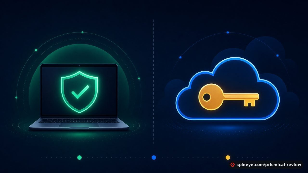 A shielded laptop for local on-device transcription beside a cloud holding a key for optional bring-your-own-key cloud mode.