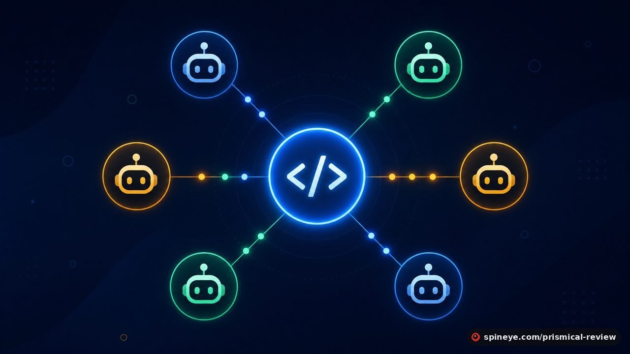 An open-source core of code brackets linked through an MCP hub to several AI assistant nodes.