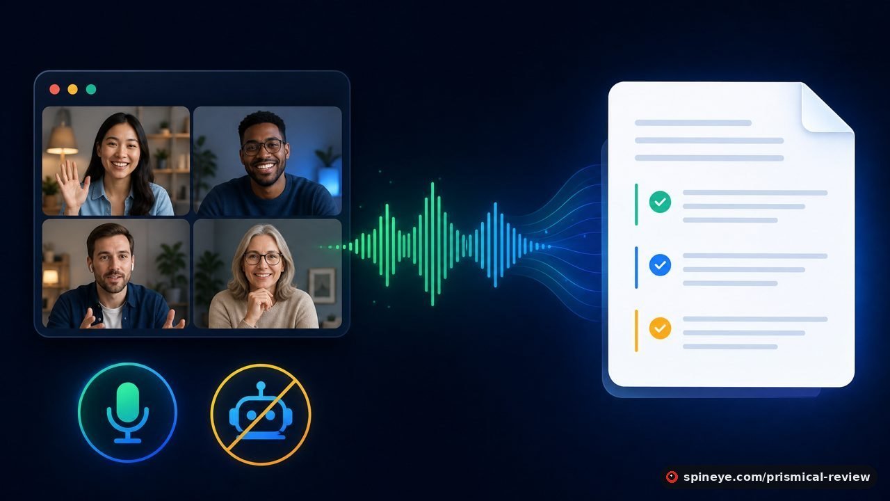 A video call captured as system audio flows into structured notes; a microphone with a crossed-out bot marks that no bot joins.