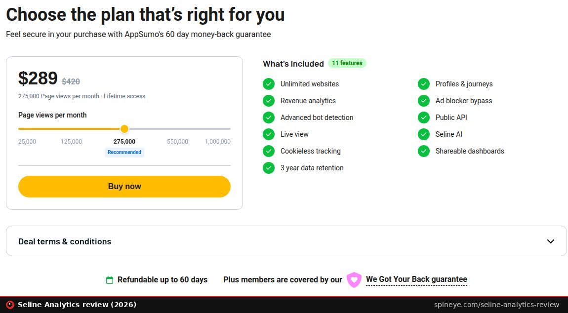 Seline Analytics review: AppSumo lifetime deal with a pageview slider from 25,000 to 1,000,000 and 11 included features