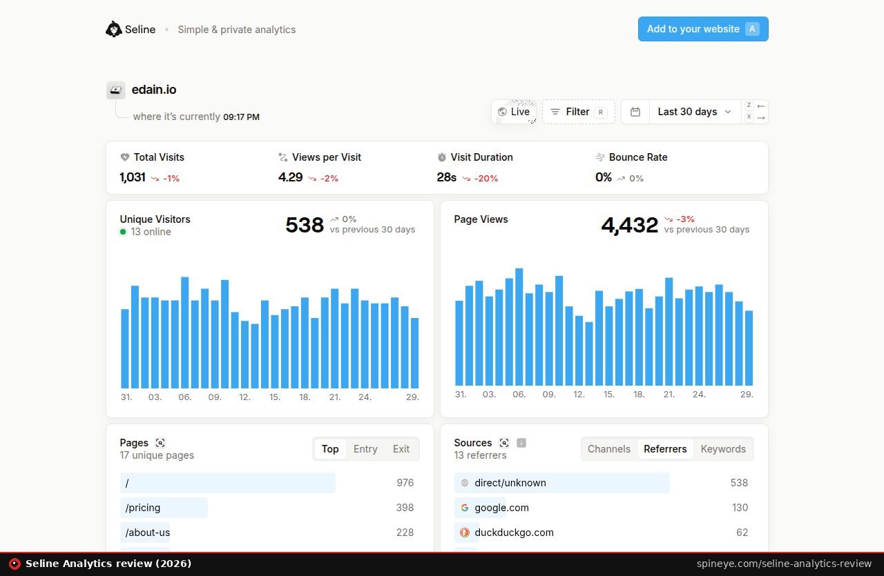 Seline Analytics review: the public live demo dashboard with visits, unique visitors, pageviews, top pages and referrers