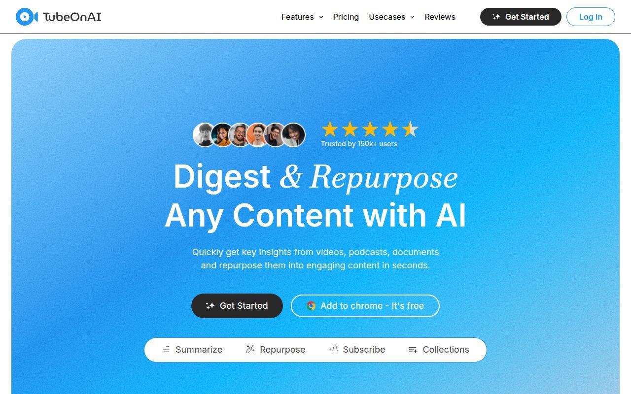 TubeOnAI review: the TubeOnAI homepage, an AI summarizer for videos, podcasts and documents