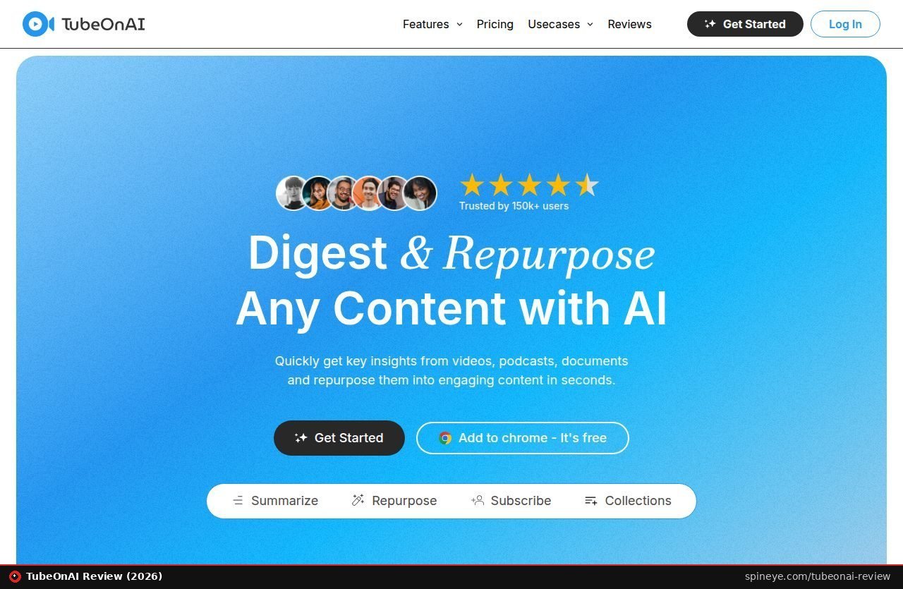 TubeOnAI Review (2026): What $59 of Credits Really Buys 2 TubeOnAI review: the TubeOnAI homepage, an AI summarizer for videos, podcasts and documents