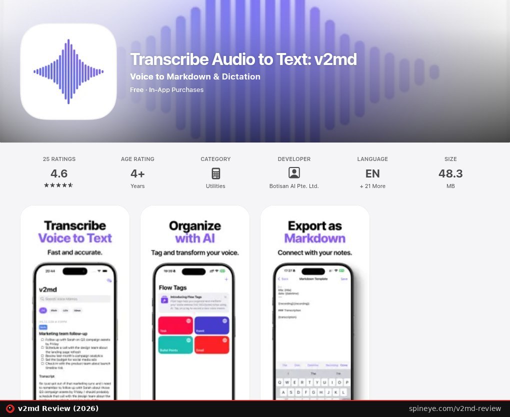 v2md Review (2026): Voice Memos to Obsidian Markdown, Worth It? 3 v2md App Store listing with 4.6 stars from 25 ratings, category Utilities, developer Botisan AI