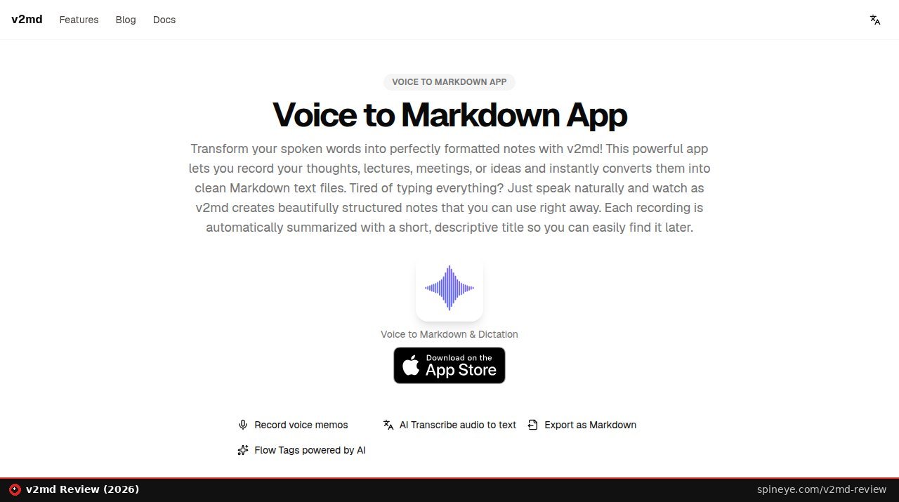 v2md Review (2026): Voice Memos to Obsidian Markdown, Worth It? 2 v2md review: the v2md.app homepage, a voice to Markdown app for iPhone