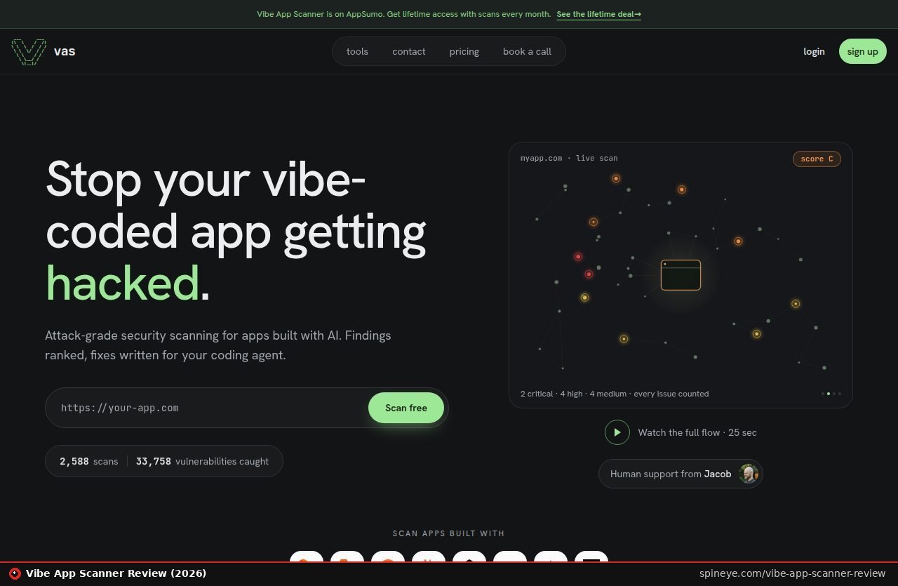 Vibe App Scanner review: the vibeappscanner.com homepage, a security scanner for vibe-coded apps